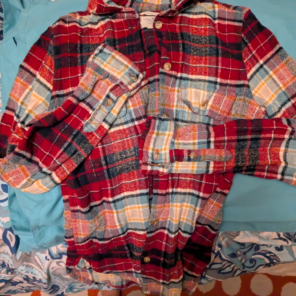 AEO Ahh-mazingly Soft Collection Plaid Flannel Button Down Shirt in Red and Blue